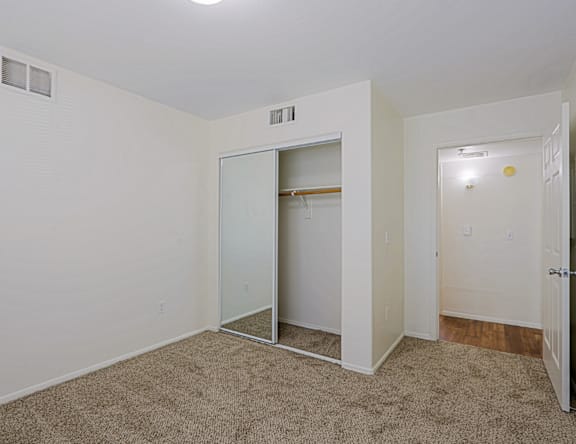 A white room with a closet and a carpet.