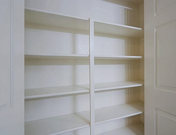 Empty white shelves in a pantry.