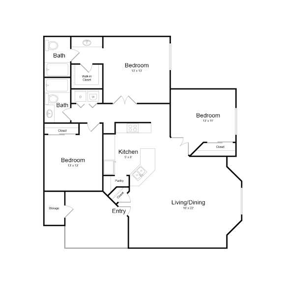 A floor plan of a house with three bedrooms, a kitchen, a living/dining area, and a pantry.