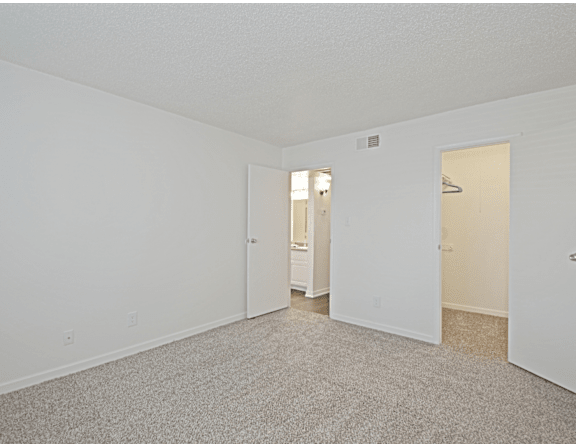 A white room with a carpeted floor and two doors.