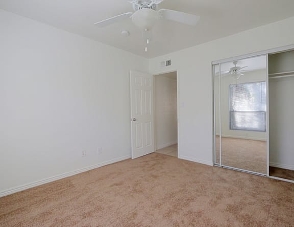 A room with a carpeted floor and a ceiling fan.