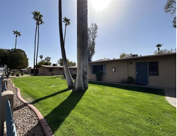 A sunny day at a house with a green lawn and palm trees.