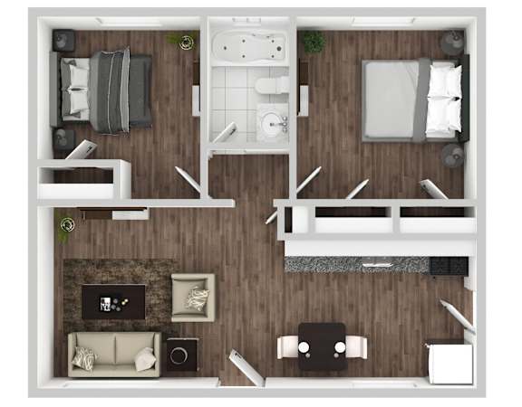 A top-down view of a living room, kitchen, and bedroom layout.