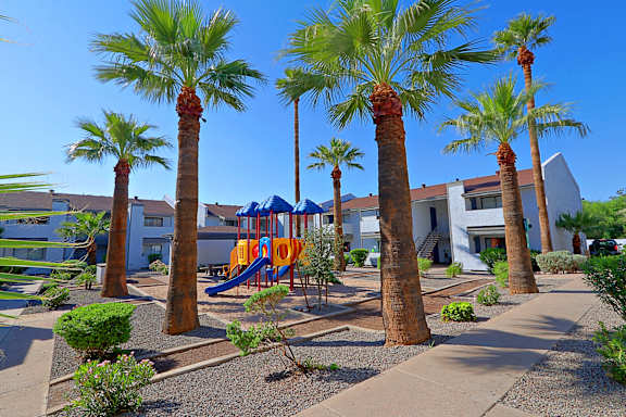 A playground with a slide and palm trees in the foreground.