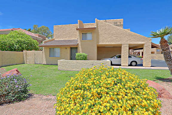 A house with a car parked in front and a large bush of yellow flowers in the front yard.