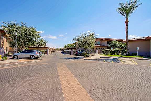 A sunny day in a residential area with a paved road and parked cars.