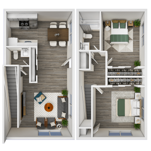 3D Floor plan of 2 bedroom 1 and a half townhome