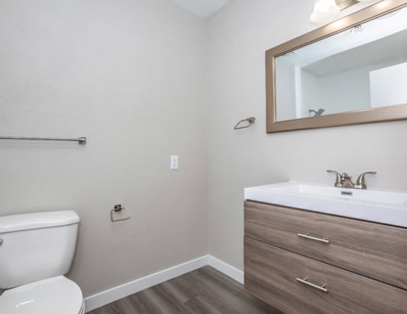 A bathroom with a white toilet, a sink with a mirror and a wooden cabinet.
