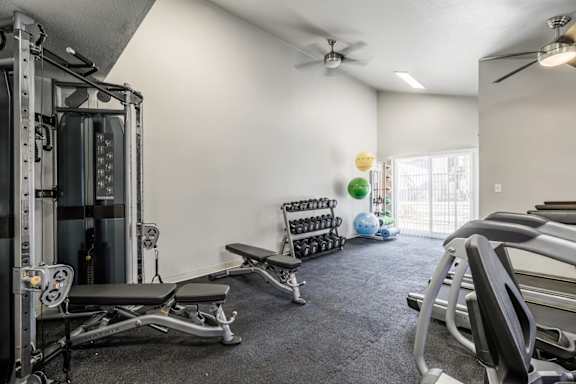 A well-equipped home gym with a variety of exercise machines and equipment.