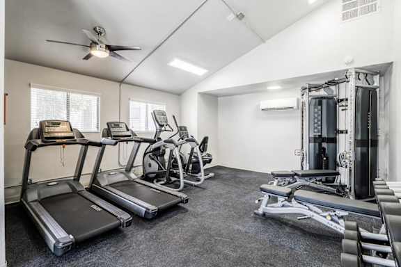 A spacious gym with treadmills, elliptical machines, and a weight rack.