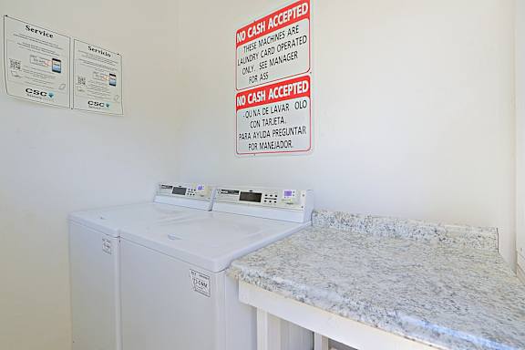 A sign on a wall that says "No Cash Accepted" is displayed above a washing machine.