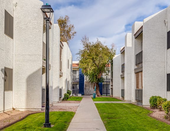 A white building with a tree in front of it.