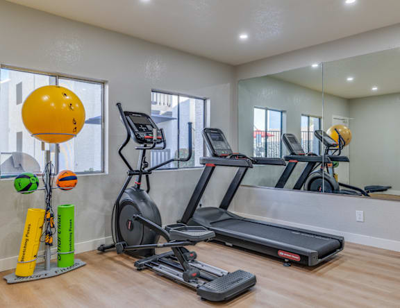 A gym with a treadmill, elliptical trainer, and exercise balls.