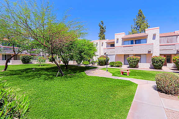 A tree in a grassy area in front of a building.