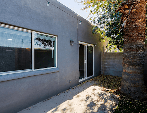 A concrete house with a palm tree in front.