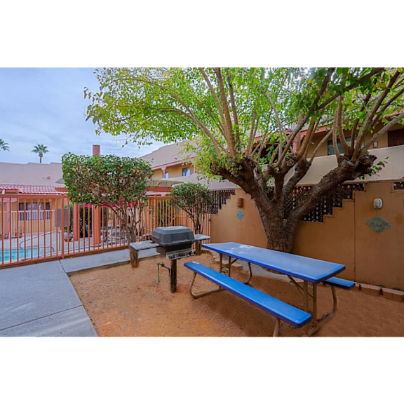 A blue picnic table is set up under a tree in a courtyard.