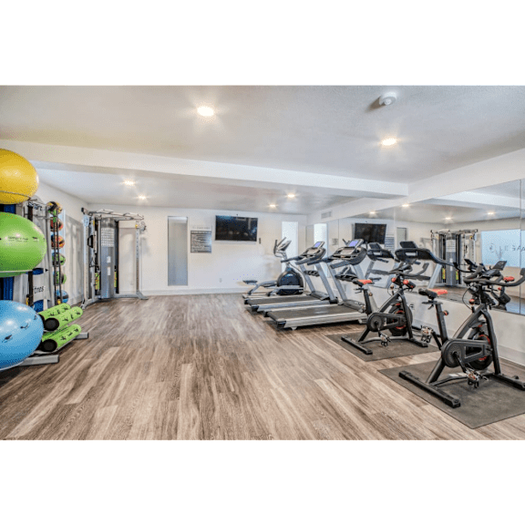 A spacious gym with a variety of exercise equipment including treadmills, stationary bikes, and exercise balls.