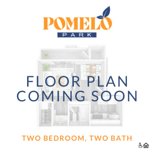 A poster advertising a floor plan for a two bedroom, two bath apartment at Pomelo Park.