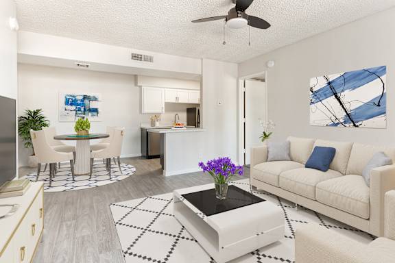 Living room and kitchen with wood flooring at Aspire Thunderbird, Glendale, AZ, Arizona