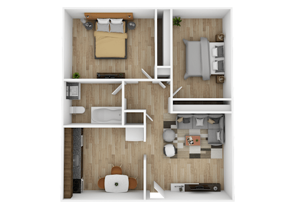 A top-down view of a small apartment with a bedroom, living room, and kitchen area.