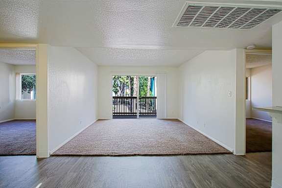 A room with a brown rug and wooden floor.