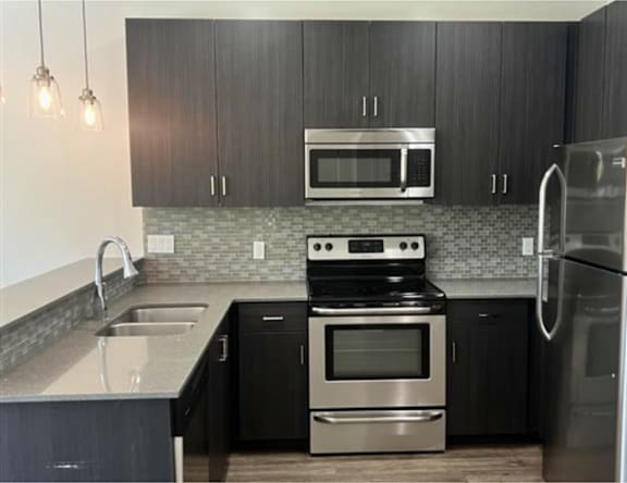 A modern kitchen with black cabinets and stainless steel appliances.