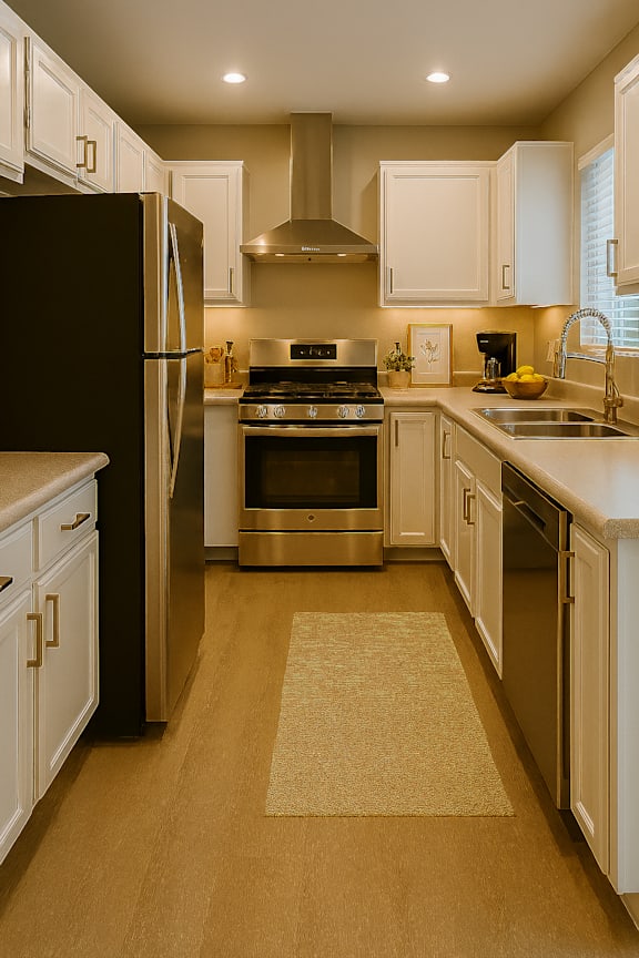 A kitchen with a black refrigerator and white cabinets.