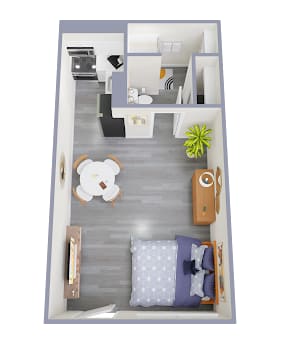 A top down view of a bedroom with a bed, nightstand, and a plant.