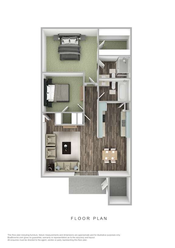 A floor plan of a room with furniture and appliances.