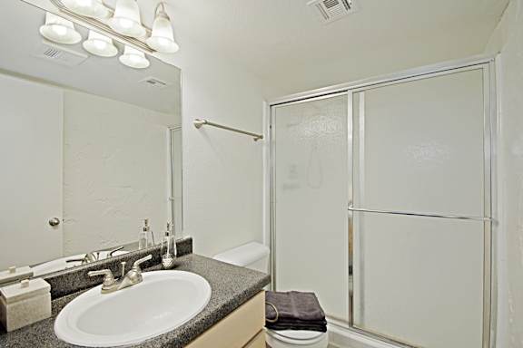 A bathroom with a sink, mirror, and shower.