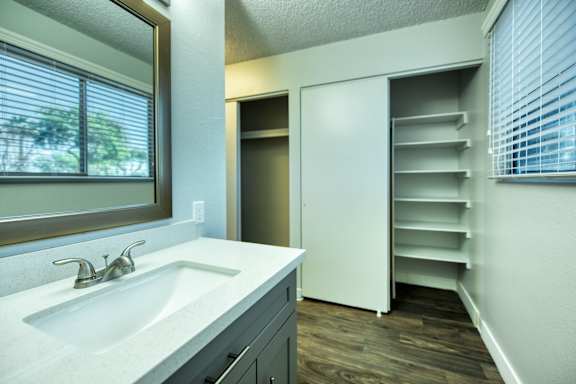 A bathroom with a sink, mirror, and a cabinet with shelves.