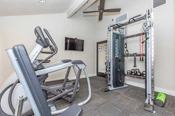 A home gym with a treadmill, weights, and exercise equipment.