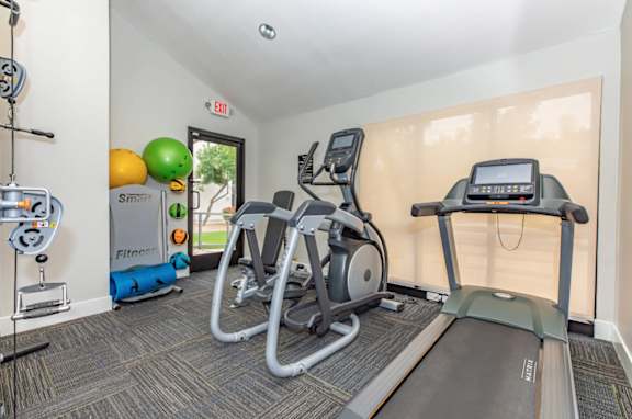 A gym room with a treadmill, exercise bike, and weights.