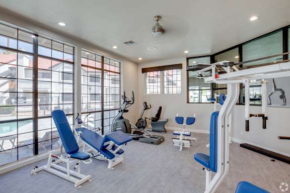 A home gym with a variety of equipment including a treadmill, weights, and exercise machines.