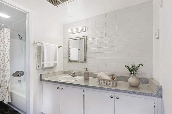 A bathroom with a white sink and a mirror above it.