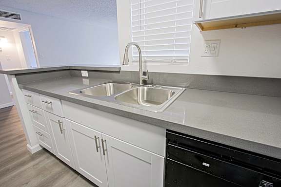 A kitchen with a black dishwasher and a white sink.