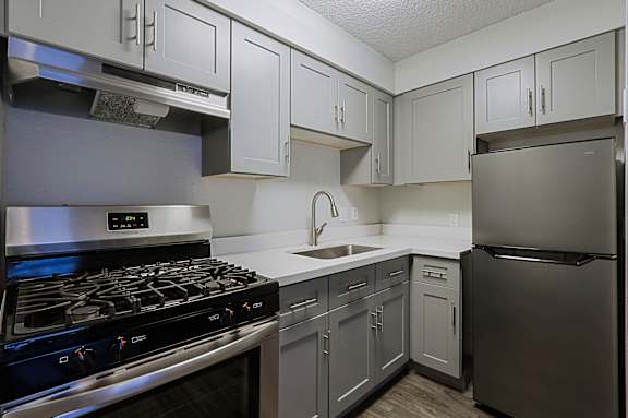 A kitchen with a stove, sink, and refrigerator.