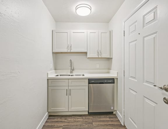 A small kitchen with a sink and a dishwasher.