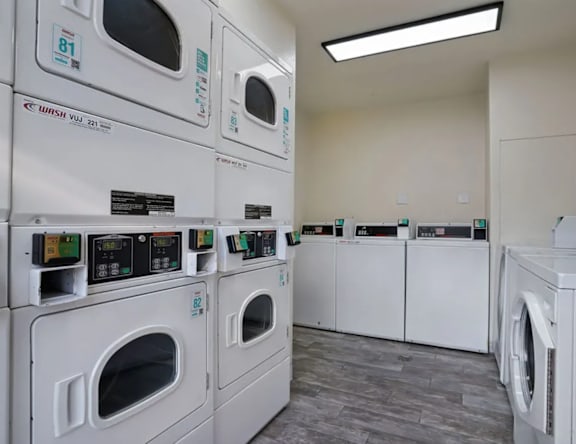 A row of washing machines in a laundromat.