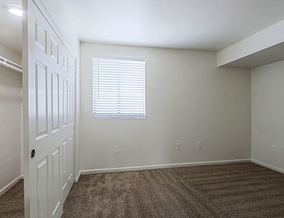 A room with a white door and a window with blinds.