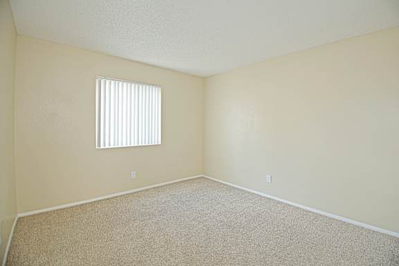 A room with a carpeted floor and a window with blinds.