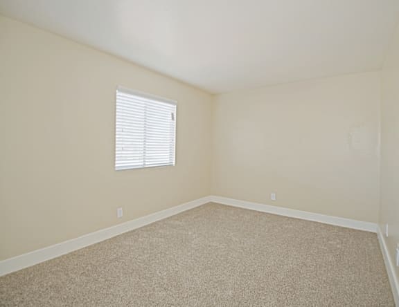 A room with a carpeted floor and a window with blinds.