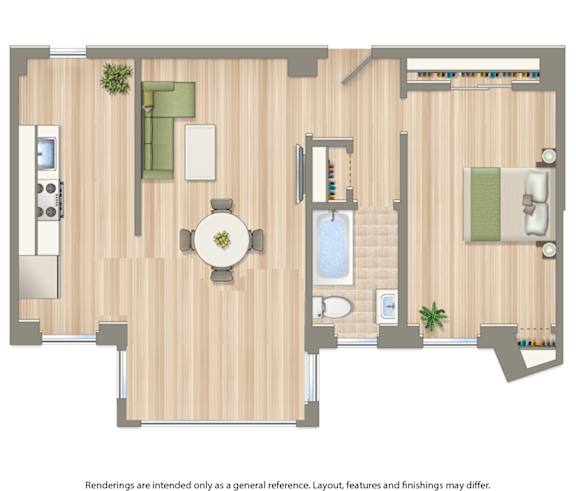 A floor plan of a house with a kitchen, living room, and bathroom.