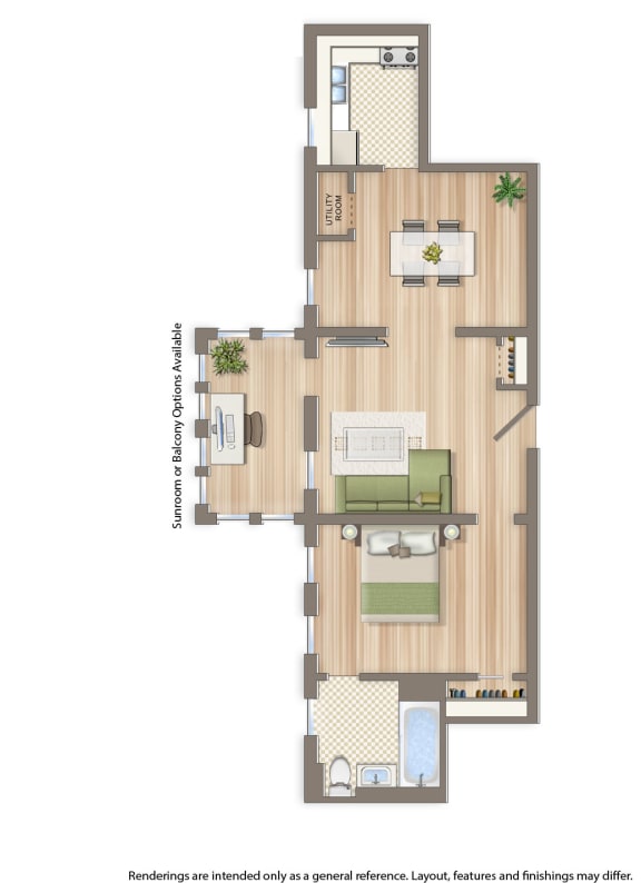 1 Bed F 864 squared feet with sunroom floor plan rendering