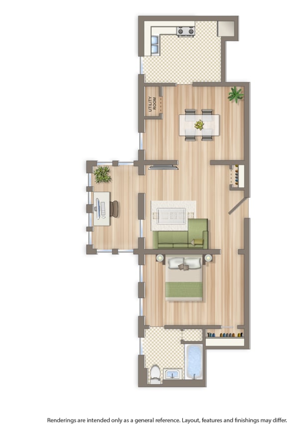 1 bedroom apartment floor plan rendering at twin oaks apartments in washington dc