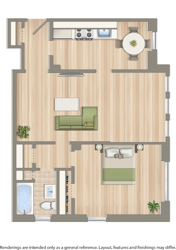 A floor plan of a house with a kitchen, living room, and bathroom.