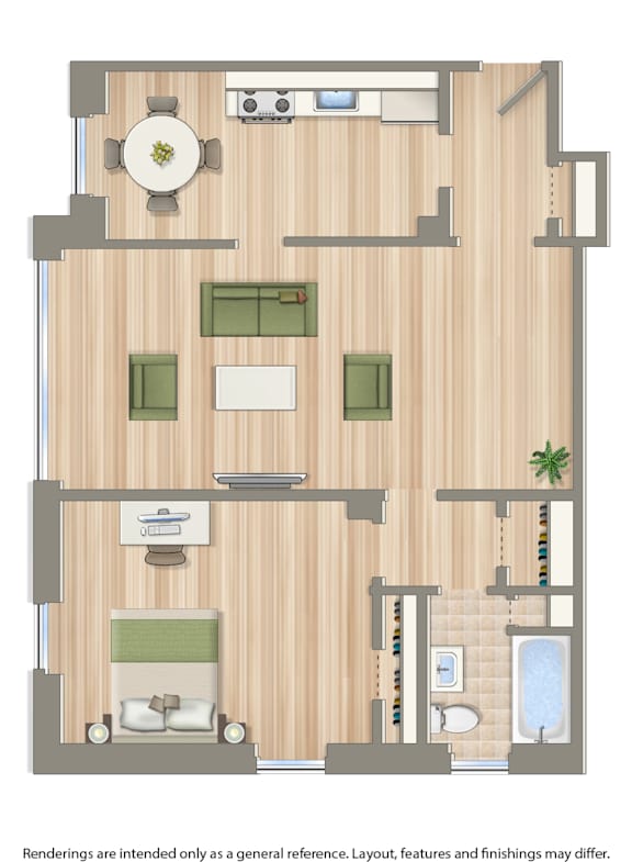A floor plan of a house with a kitchen, living room, and bathroom.