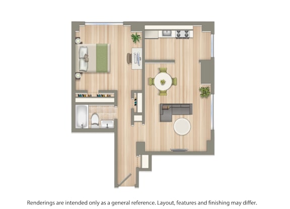 A drawing of a house layout with a living room, dining room, kitchen, and bathroom.
