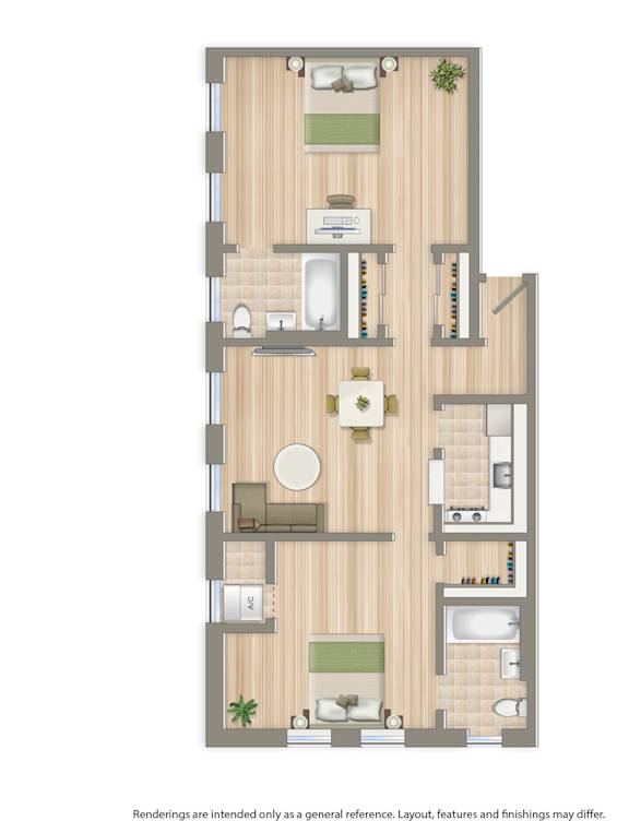 2 bedroom apartment floor plan rendering at twin oaks apartments in washington dc