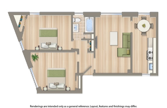 two bedroom floor plan rendering at the dahlia apartments in washington dc